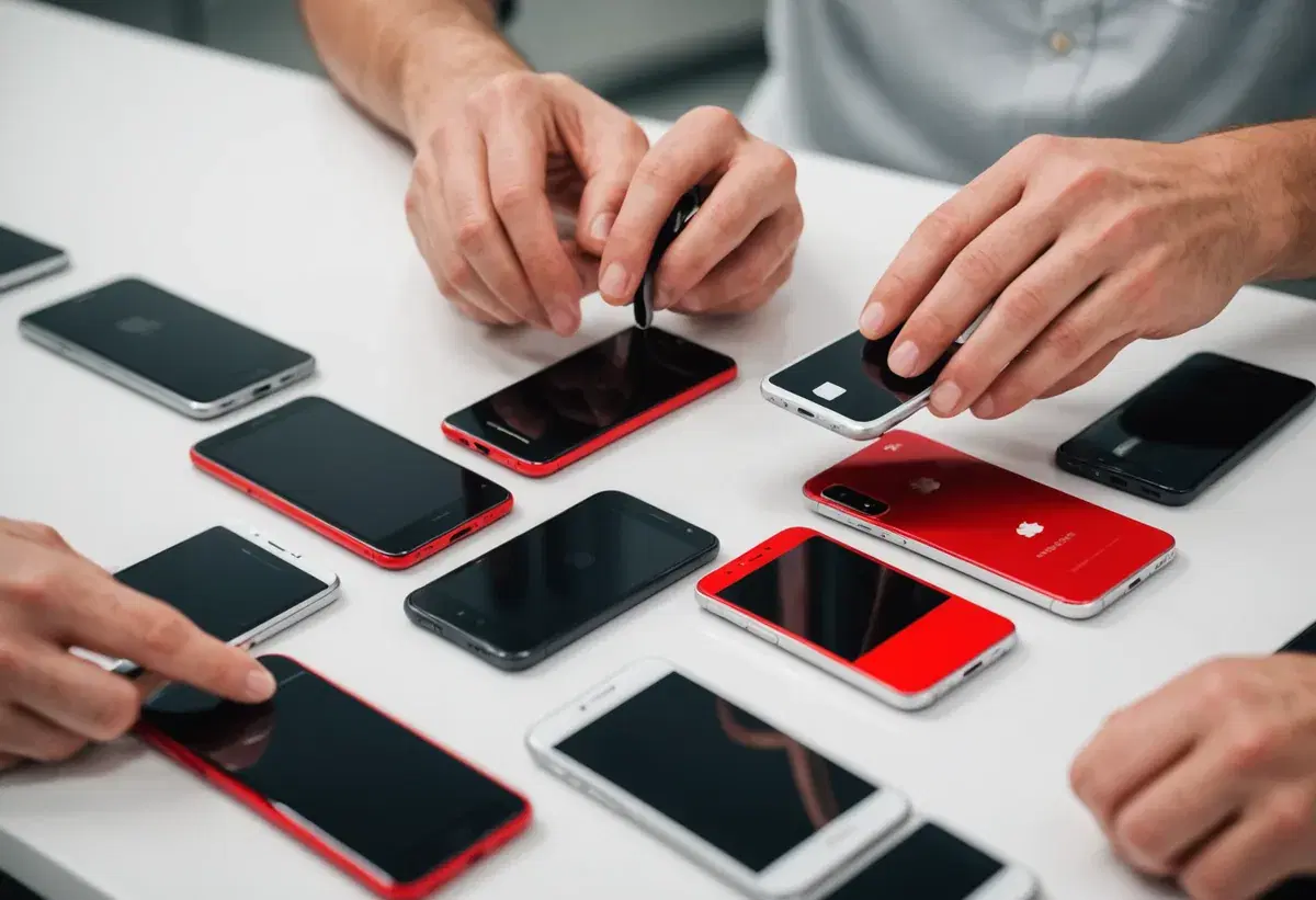 Kundin wählt ein Smartphone-Modell an einem Ladentresen aus
